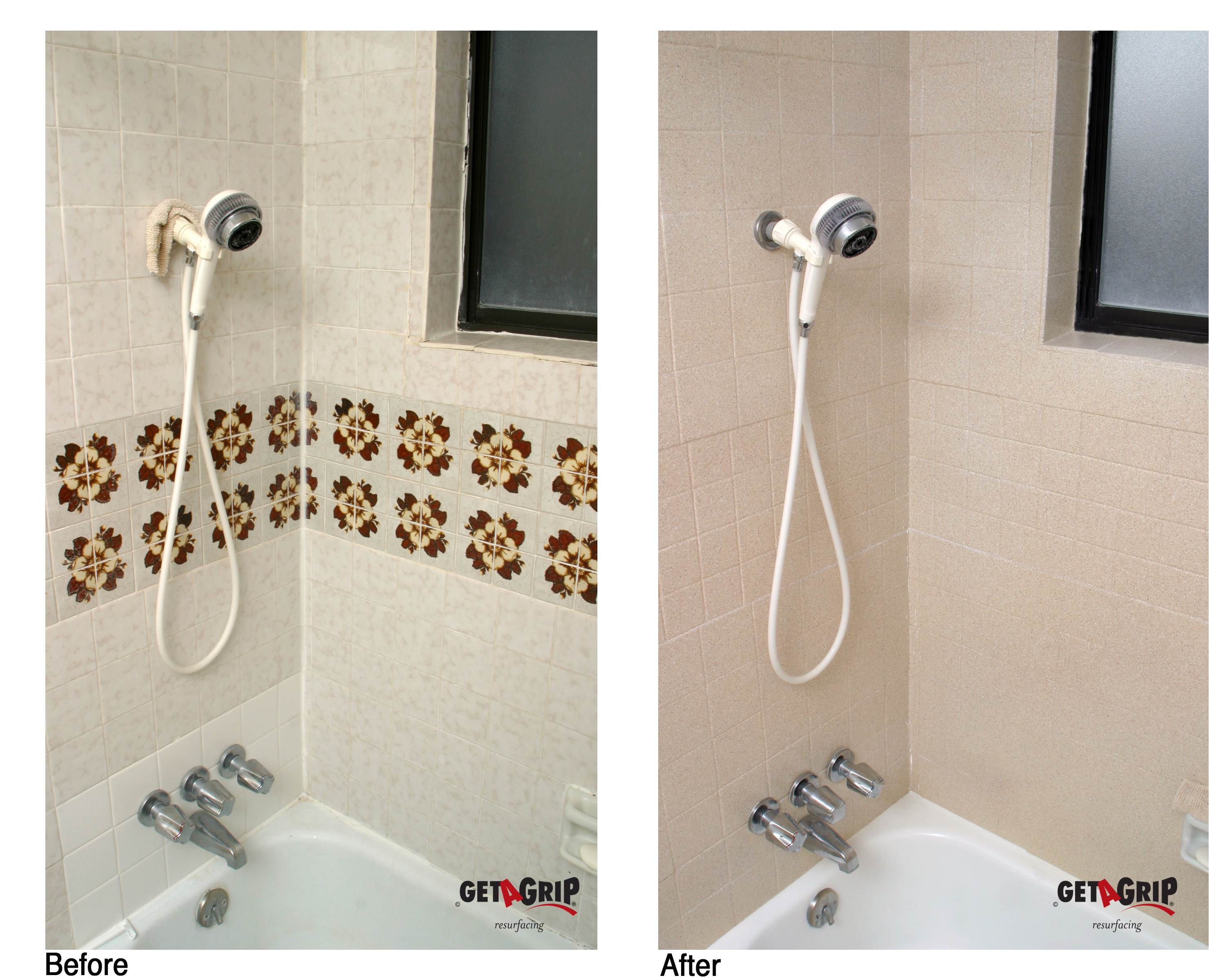 Shower Tile Resurfacing Before & After - Floral to Solid Beige