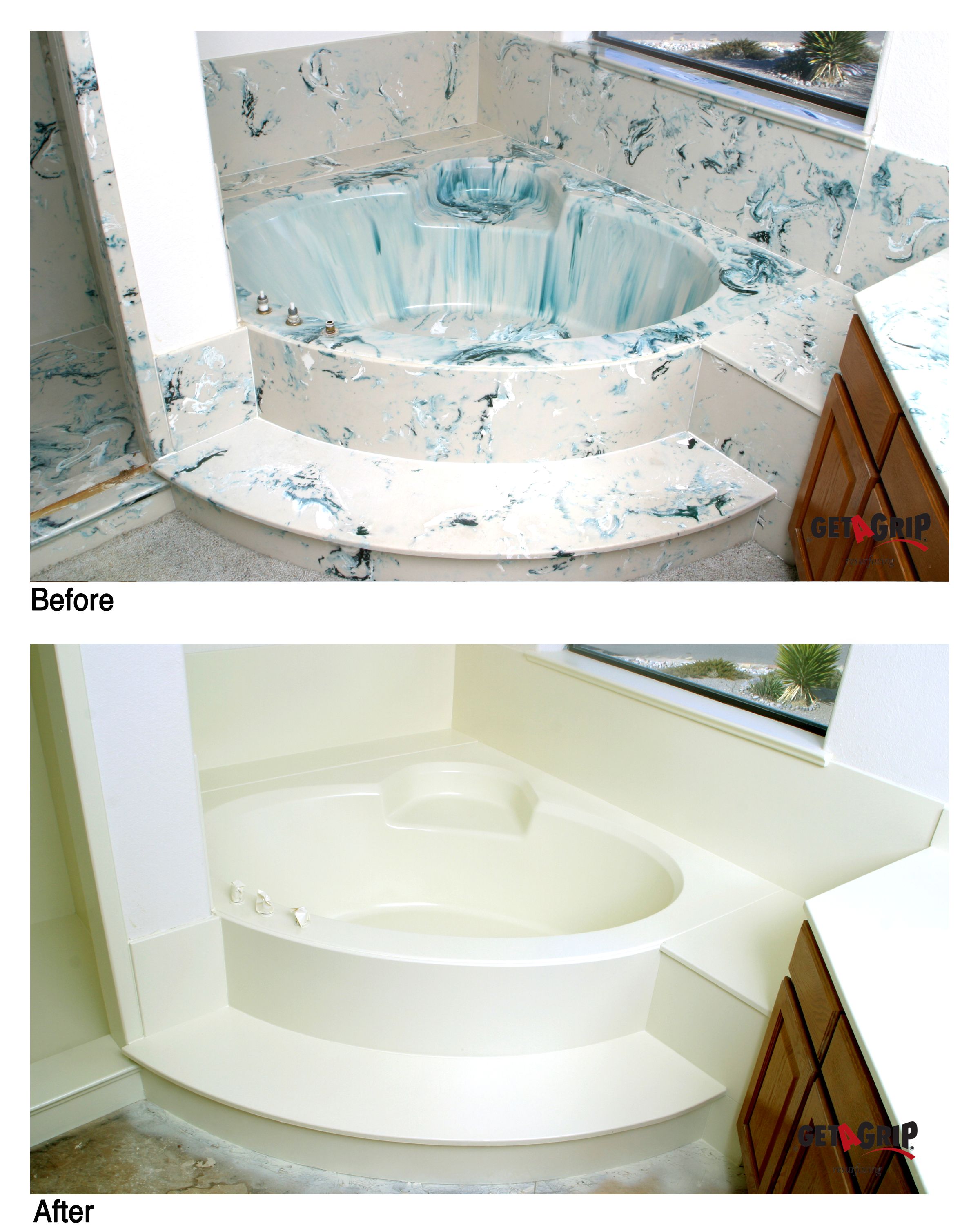 Garden Tub Refinishing Before & After - Turquoise Marble to Cream