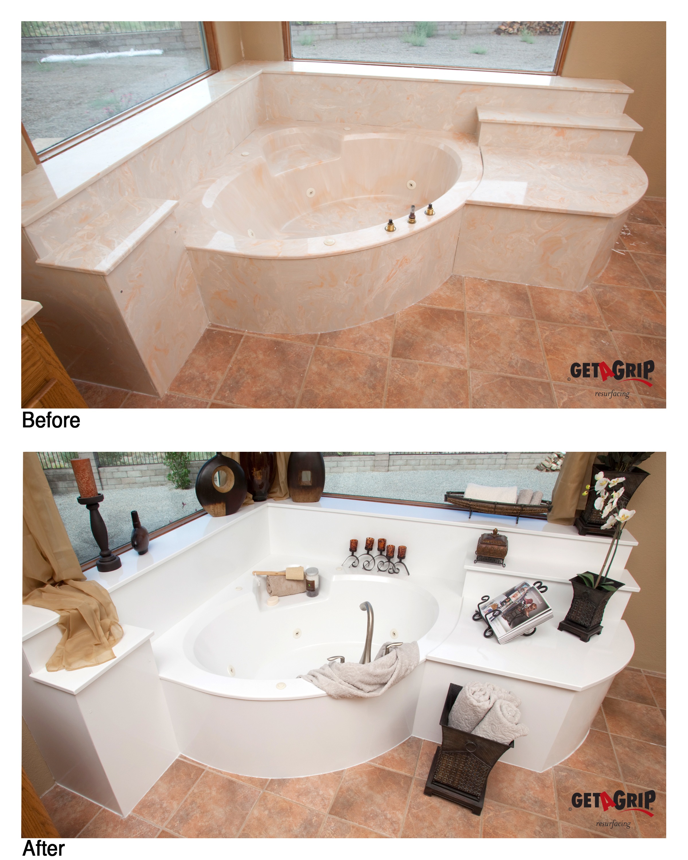 Garden Tub Refinishing Before & After - Peach Marble to White
